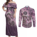 Personalised NAIDOC Week 50 Years Deadly Always Couples Matching Off Shoulder Maxi Dress and Long Sleeve Button Shirt Pink Aboriginal Artwork Dot Painting