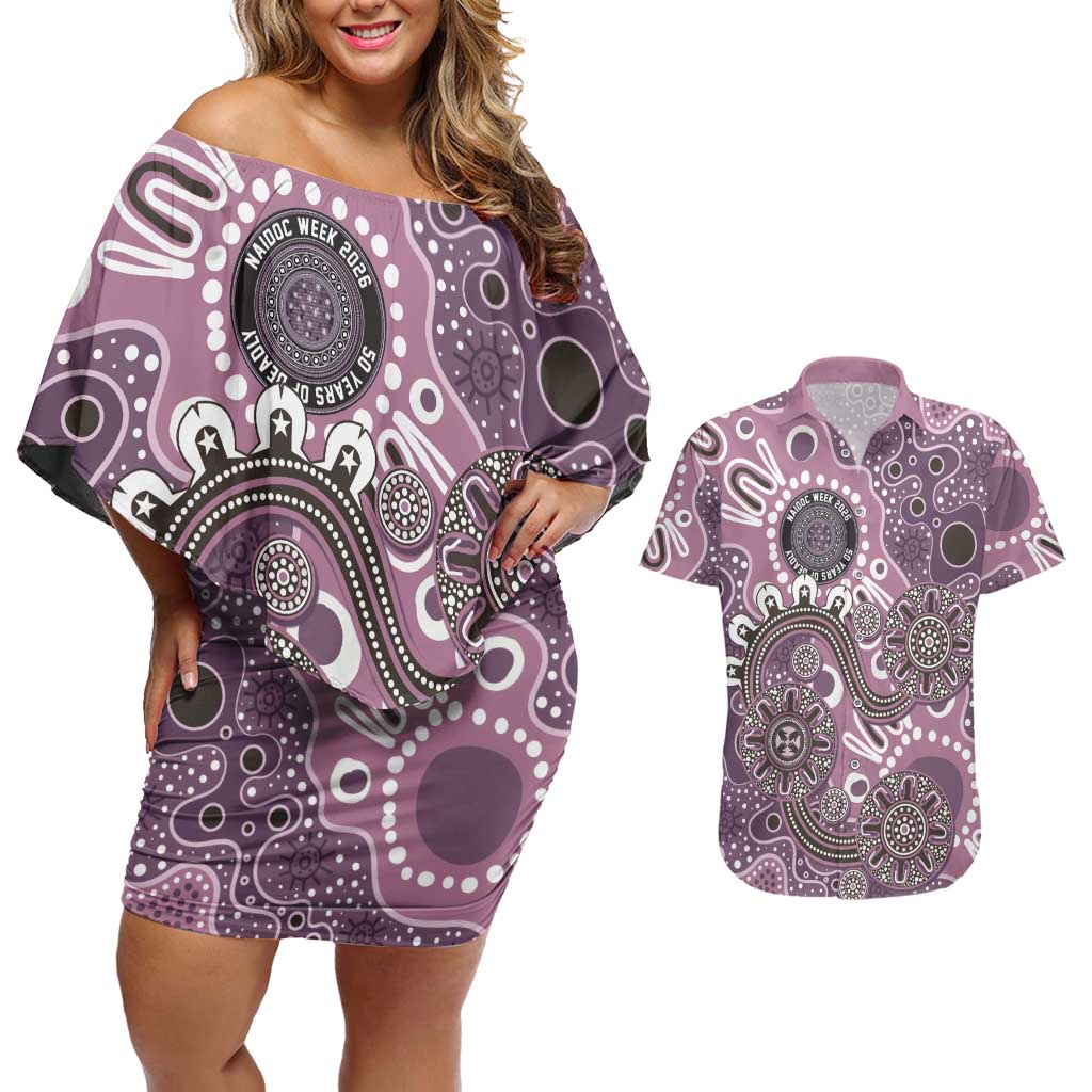 Personalised NAIDOC Week 50 Years Deadly Always Couples Matching Off Shoulder Short Dress and Hawaiian Shirt Pink Aboriginal Artwork Dot Painting