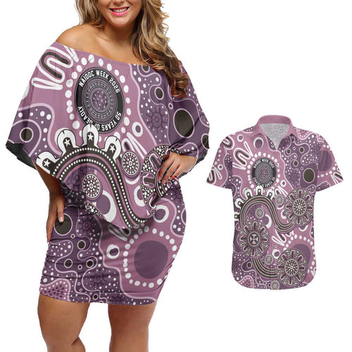 Personalised NAIDOC Week 50 Years Deadly Always Couples Matching Off Shoulder Short Dress and Hawaiian Shirt Pink Aboriginal Artwork Dot Painting