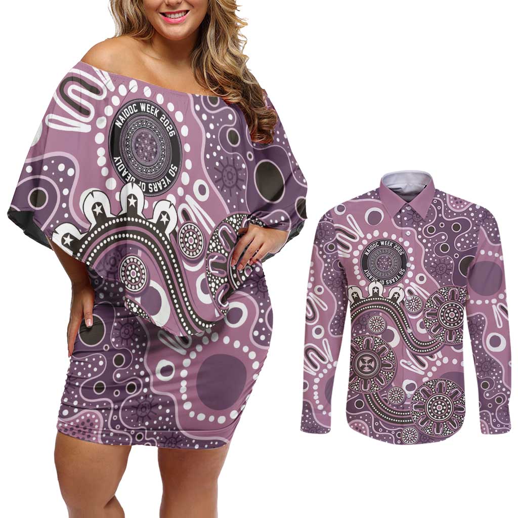 Personalised NAIDOC Week 50 Years Deadly Always Couples Matching Off Shoulder Short Dress and Long Sleeve Button Shirt Pink Aboriginal Artwork Dot Painting