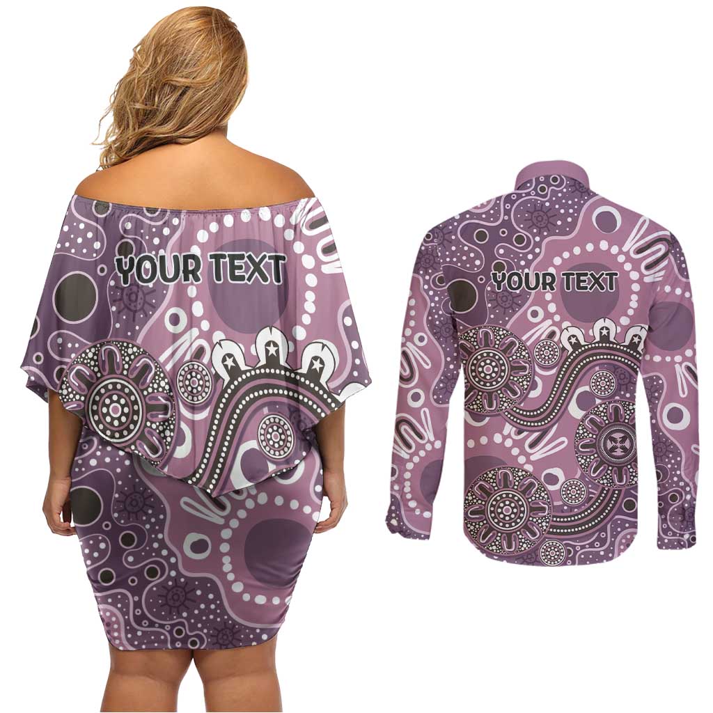 Personalised NAIDOC Week 50 Years Deadly Always Couples Matching Off Shoulder Short Dress and Long Sleeve Button Shirt Pink Aboriginal Artwork Dot Painting