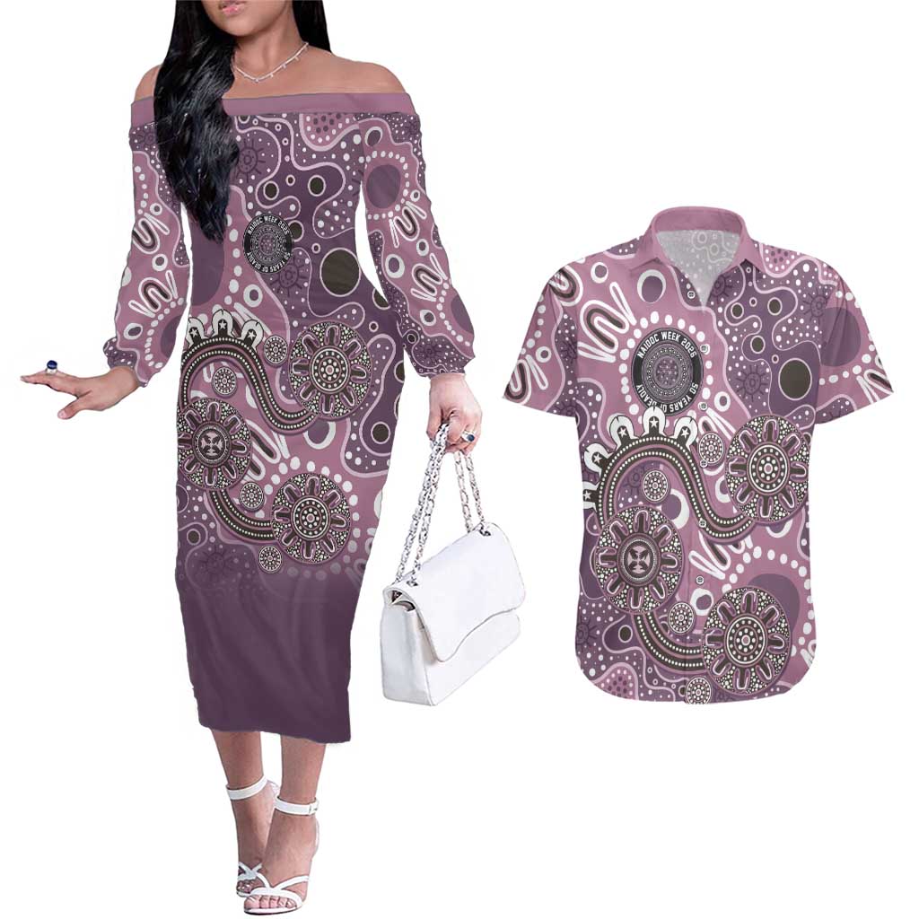 Personalised NAIDOC Week 50 Years Deadly Always Couples Matching Off The Shoulder Long Sleeve Dress and Hawaiian Shirt Pink Aboriginal Artwork Dot Painting
