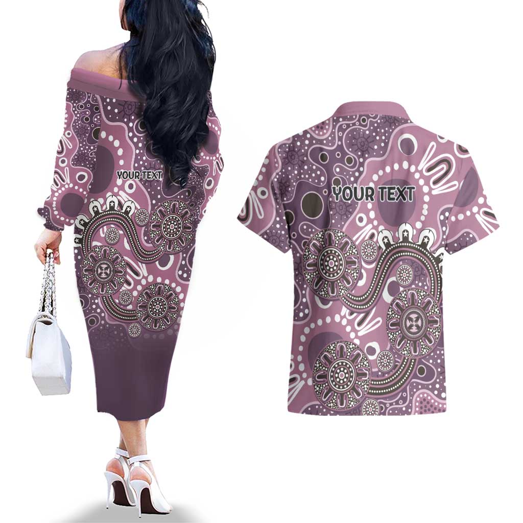 Personalised NAIDOC Week 50 Years Deadly Always Couples Matching Off The Shoulder Long Sleeve Dress and Hawaiian Shirt Pink Aboriginal Artwork Dot Painting