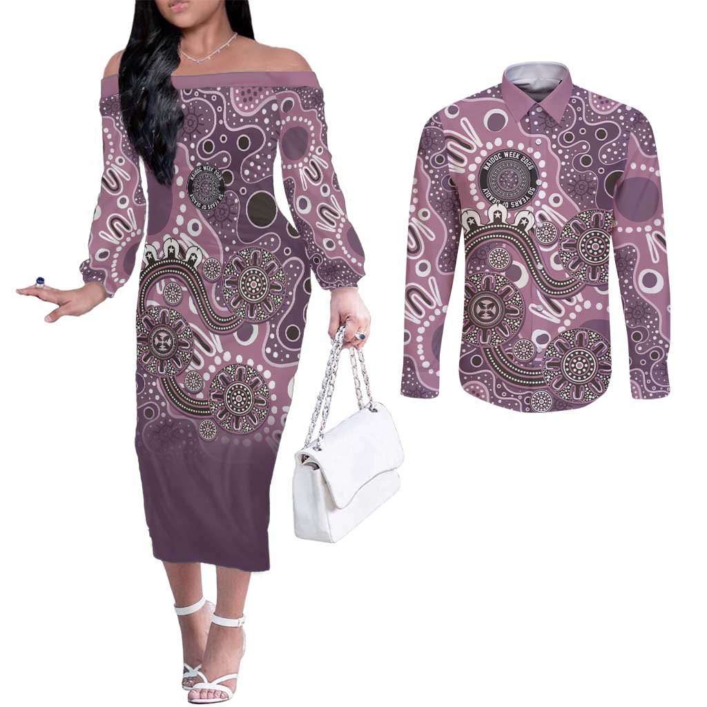 Personalised NAIDOC Week 50 Years Deadly Always Couples Matching Off The Shoulder Long Sleeve Dress and Long Sleeve Button Shirt Pink Aboriginal Artwork Dot Painting