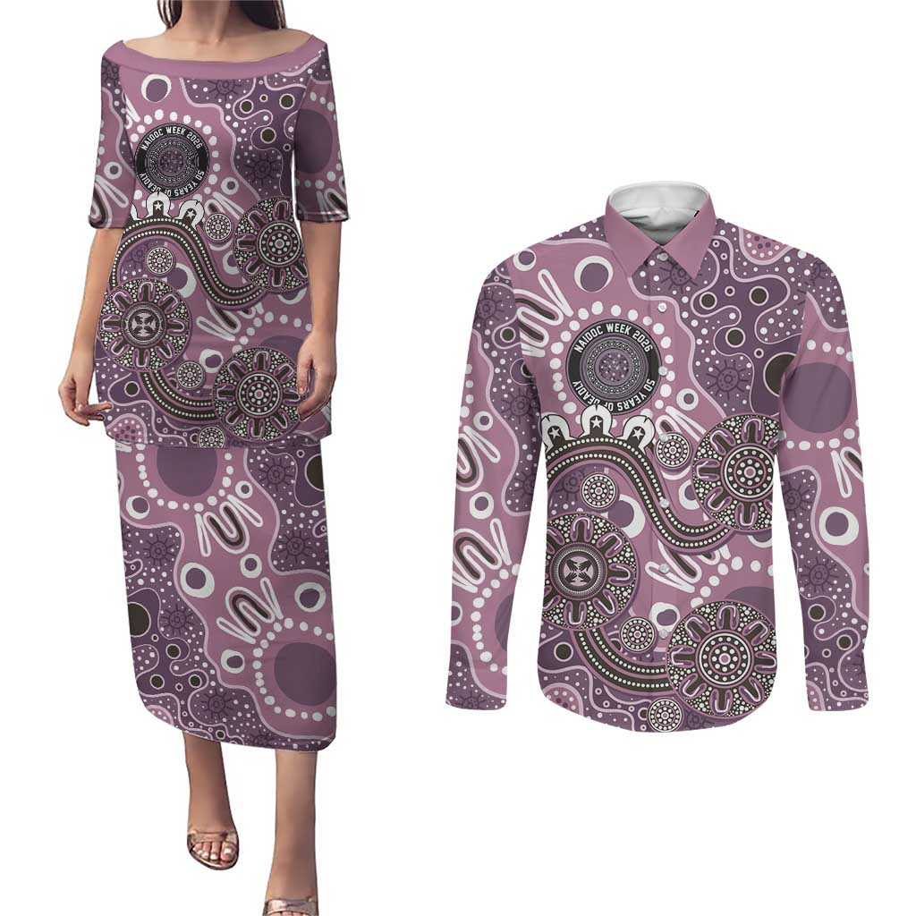 Personalised NAIDOC Week 50 Years Deadly Always Couples Matching Puletasi and Long Sleeve Button Shirt Pink Aboriginal Artwork Dot Painting