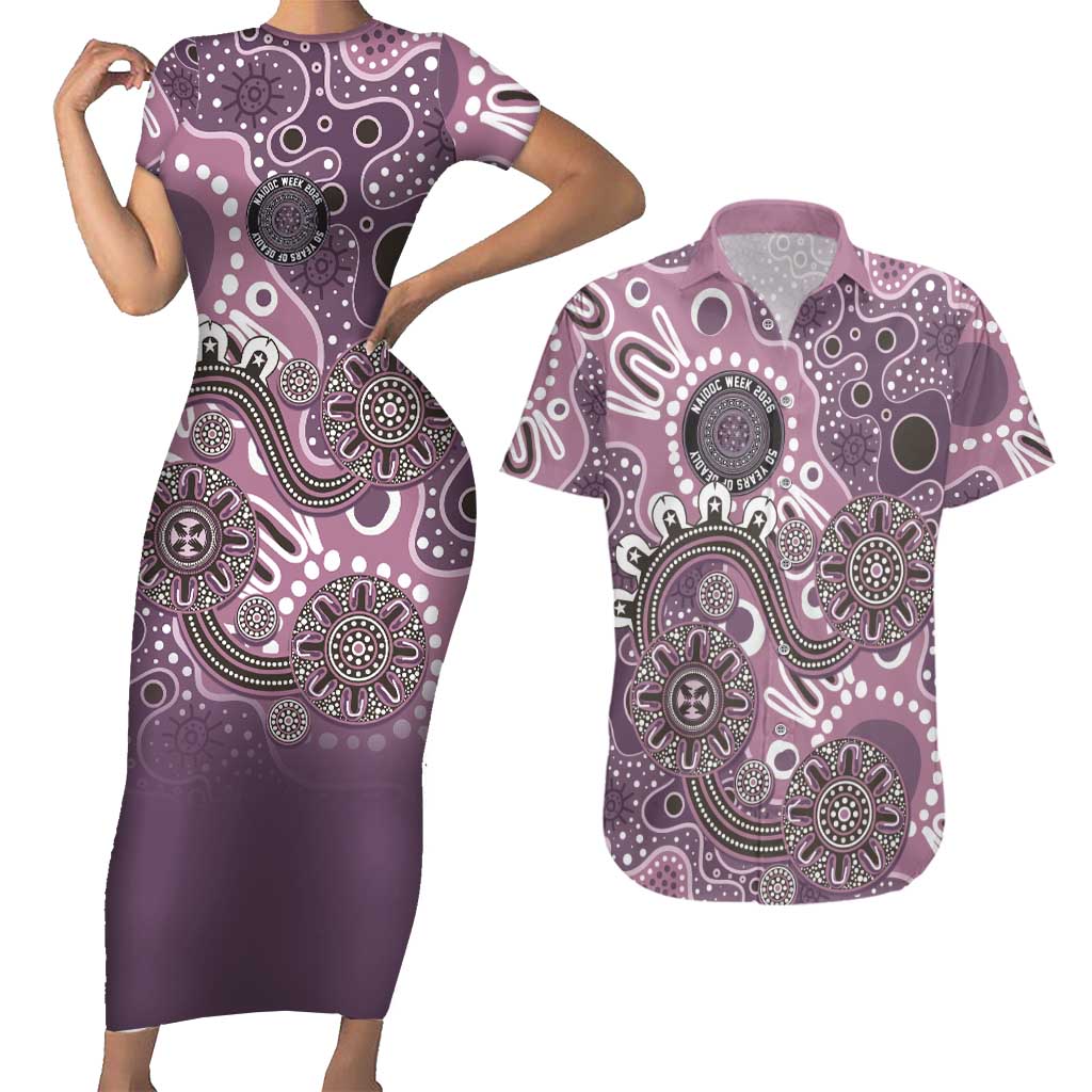 Personalised NAIDOC Week 50 Years Deadly Always Couples Matching Short Sleeve Bodycon Dress and Hawaiian Shirt Pink Aboriginal Artwork Dot Painting