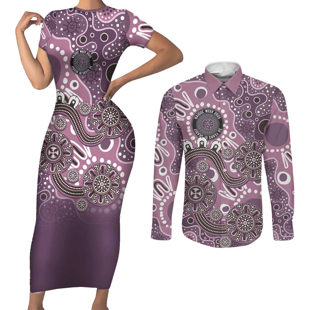 Personalised NAIDOC Week 50 Years Deadly Always Couples Matching Short Sleeve Bodycon Dress and Long Sleeve Button Shirt Pink Aboriginal Artwork Dot Painting