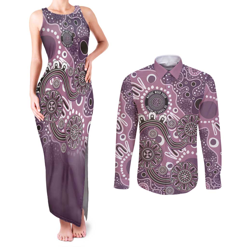 Personalised NAIDOC Week 50 Years Deadly Always Couples Matching Tank Maxi Dress and Long Sleeve Button Shirt Pink Aboriginal Artwork Dot Painting