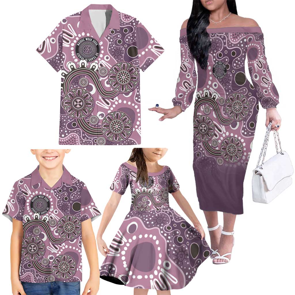 Personalised NAIDOC Week 50 Years Deadly Always Family Matching Off The Shoulder Long Sleeve Dress and Hawaiian Shirt Pink Aboriginal Artwork Dot Painting