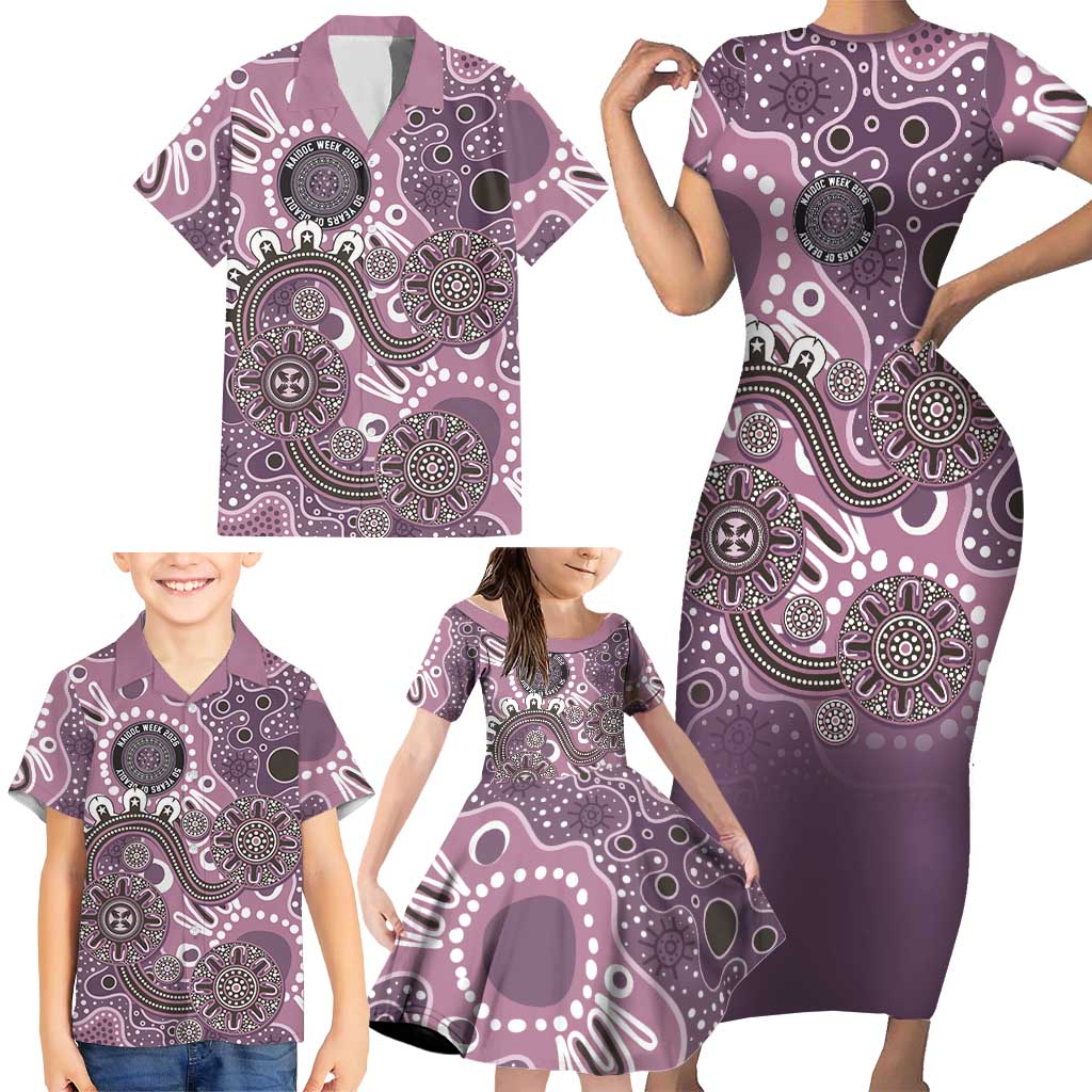 Personalised NAIDOC Week 50 Years Deadly Always Family Matching Short Sleeve Bodycon Dress and Hawaiian Shirt Pink Aboriginal Artwork Dot Painting