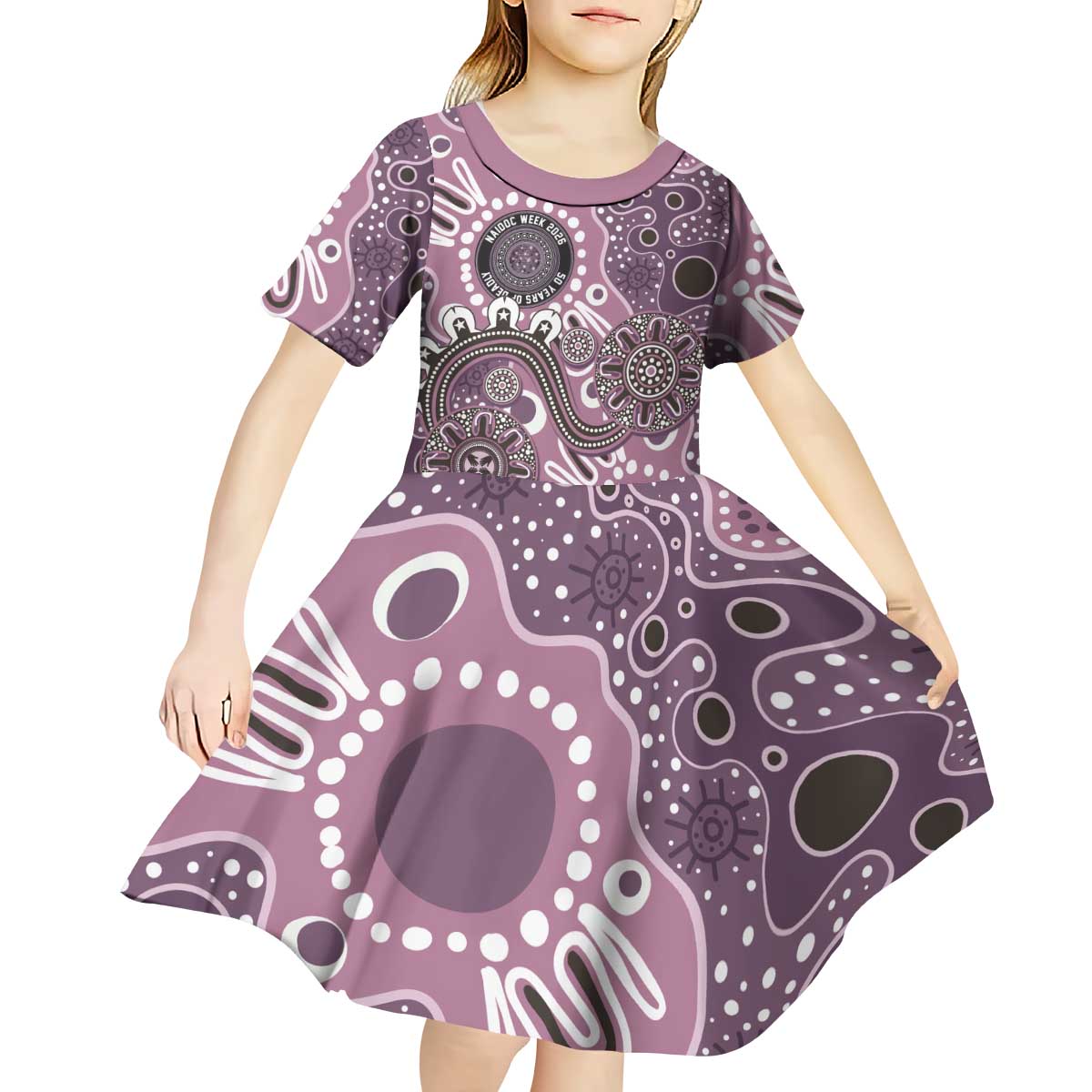 Personalised NAIDOC Week 50 Years Deadly Always Kid Short Sleeve Dress Pink Aboriginal Artwork Dot Painting