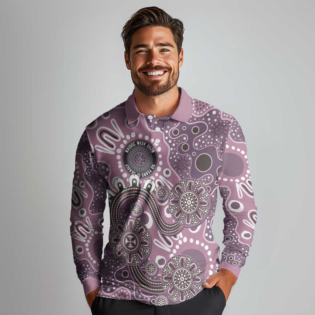 Personalised NAIDOC Week 50 Years Deadly Always Long Sleeve Polo Shirt Pink Aboriginal Artwork Dot Painting