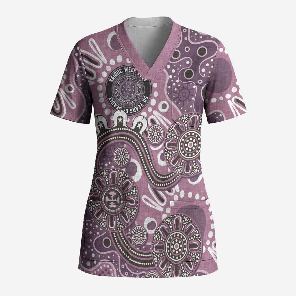 Personalised NAIDOC Week 50 Years Deadly Always Scrub Top Pink Aboriginal Artwork Dot Painting