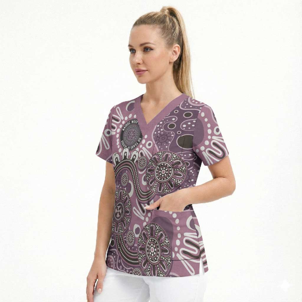 Personalised NAIDOC Week 50 Years Deadly Always Scrub Top Pink Aboriginal Artwork Dot Painting