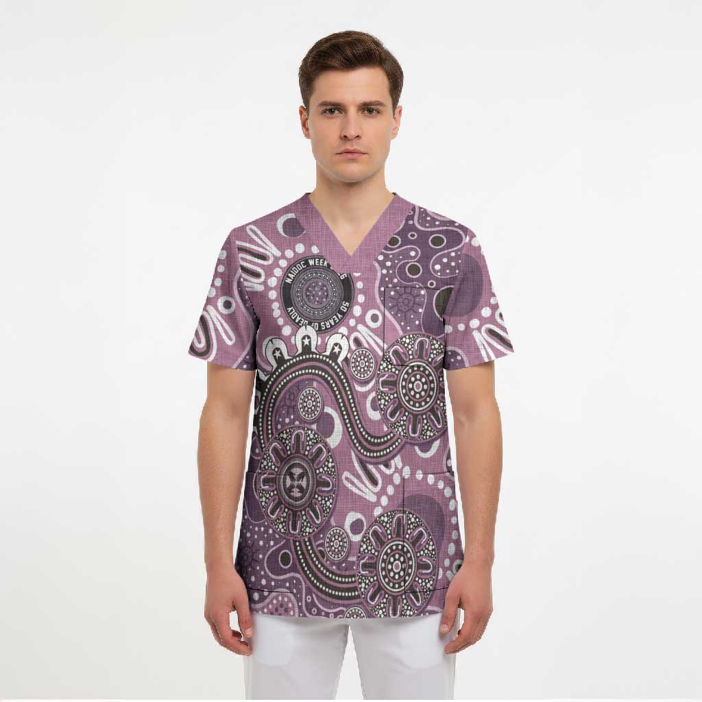Personalised NAIDOC Week 50 Years Deadly Always Scrub Top Pink Aboriginal Artwork Dot Painting
