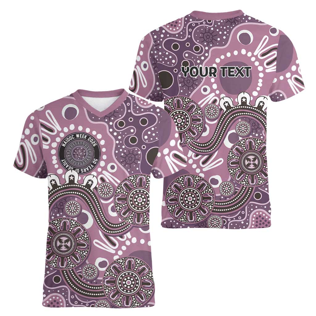 Personalised NAIDOC Week 50 Years Deadly Always Women V-Neck T-Shirt Pink Aboriginal Artwork Dot Painting