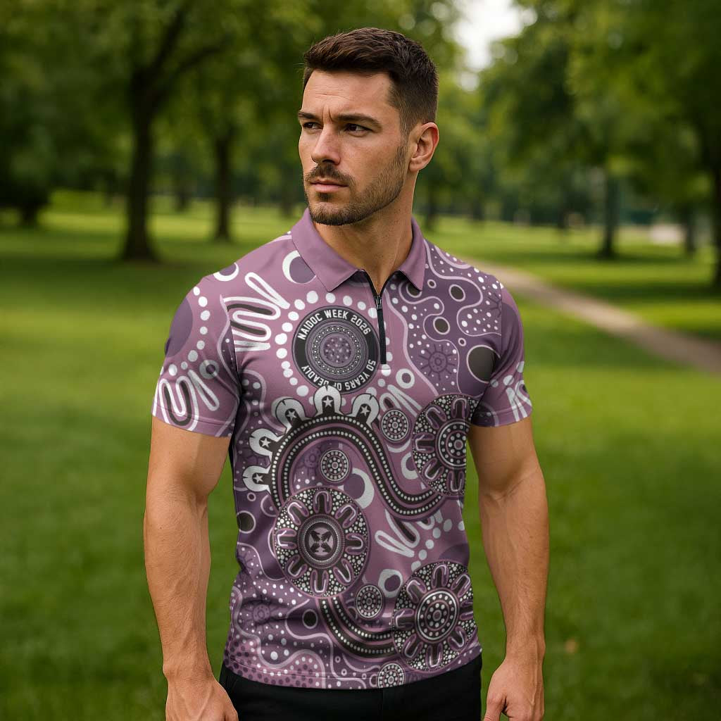 Personalised NAIDOC Week 50 Years Deadly Always Zipper Polo Shirt Pink Aboriginal Artwork Dot Painting
