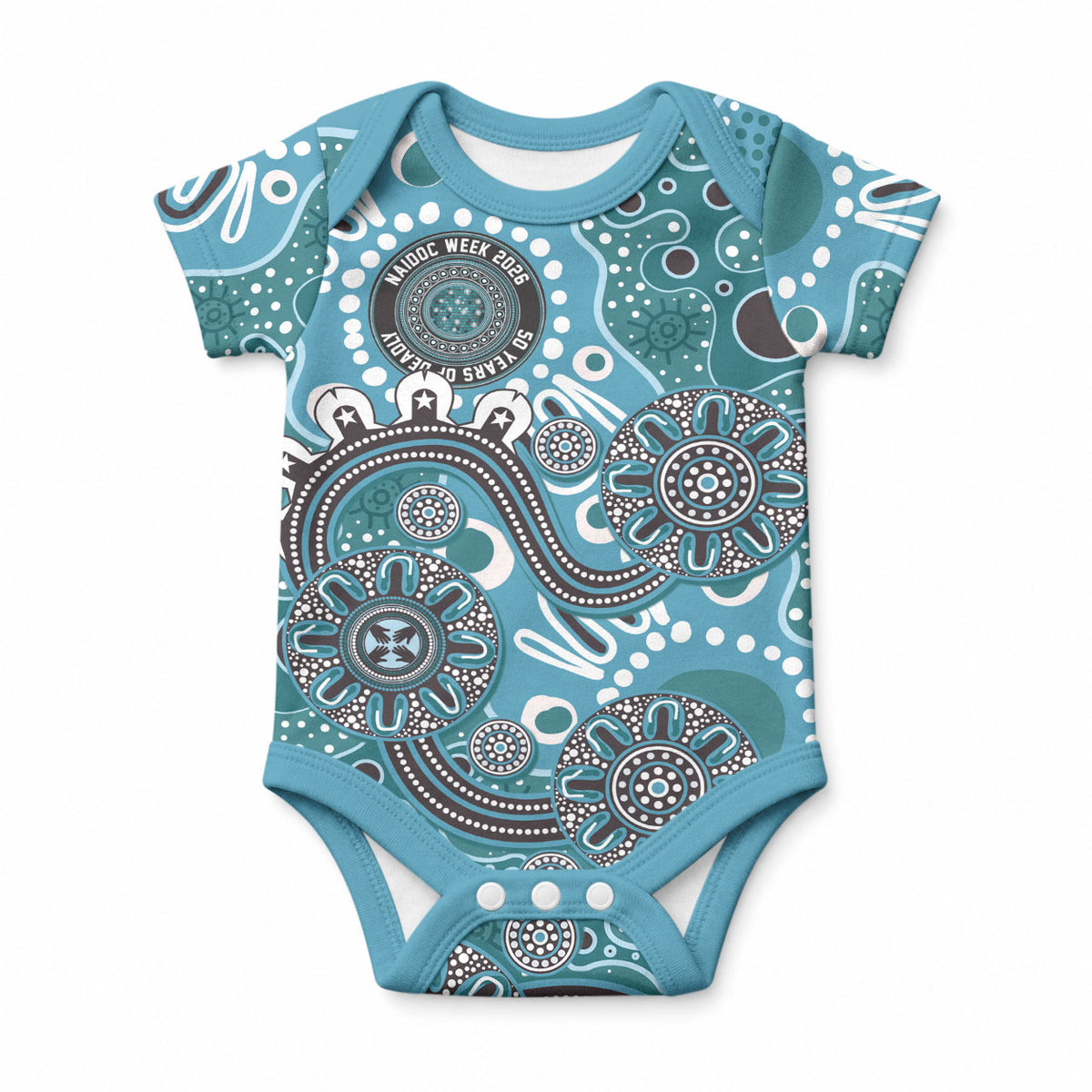 Personalised NAIDOC Week 50 Years Deadly Always Baby Onesie Teal Aboriginal Artwork Dot Painting