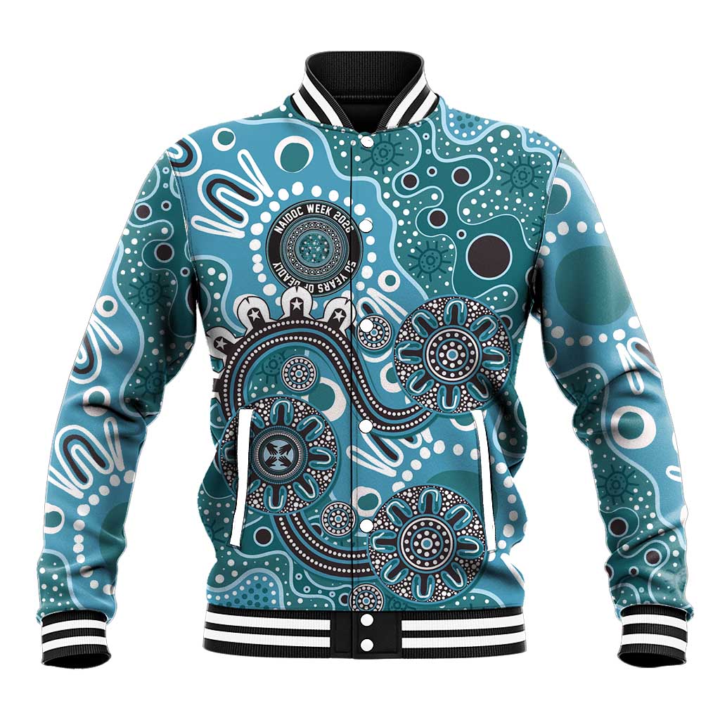 Personalised NAIDOC Week 50 Years Deadly Always Baseball Jacket Teal Aboriginal Artwork Dot Painting