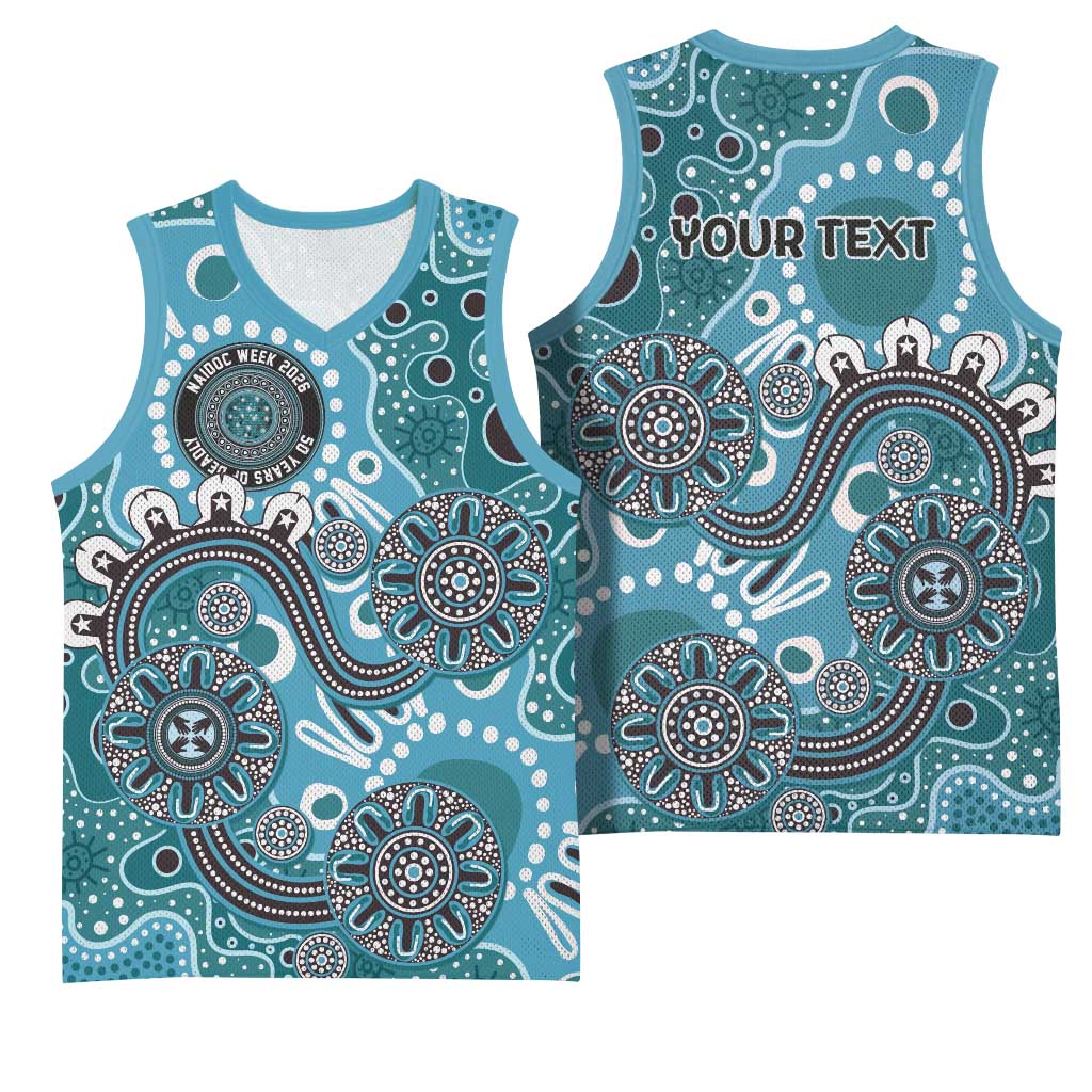 Personalised NAIDOC Week 50 Years Deadly Always Basketball Jersey Teal Aboriginal Artwork Dot Painting