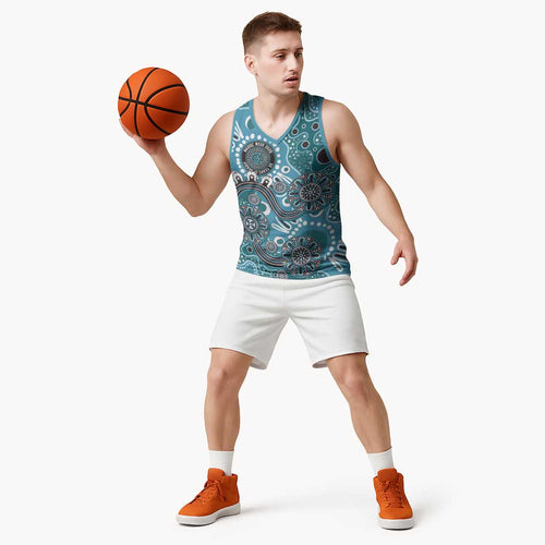 Personalised NAIDOC Week 50 Years Deadly Always Basketball Jersey Teal Aboriginal Artwork Dot Painting