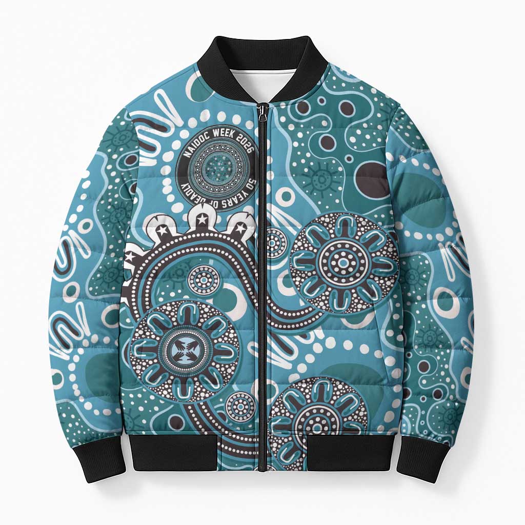 Personalised NAIDOC Week 50 Years Deadly Always Bomber Puffer Jacket Teal Aboriginal Artwork Dot Painting
