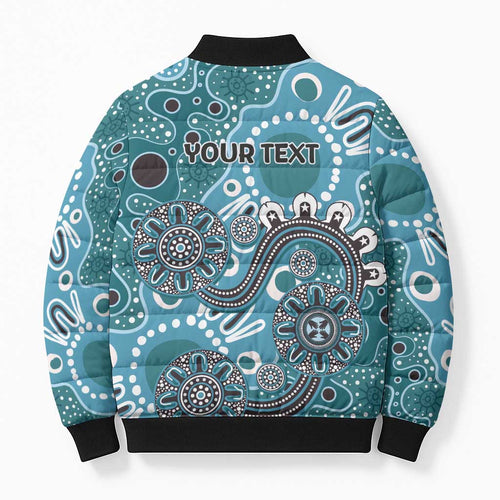 Personalised NAIDOC Week 50 Years Deadly Always Bomber Puffer Jacket Teal Aboriginal Artwork Dot Painting