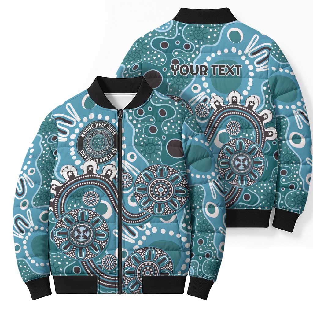 Personalised NAIDOC Week 50 Years Deadly Always Bomber Puffer Jacket Teal Aboriginal Artwork Dot Painting