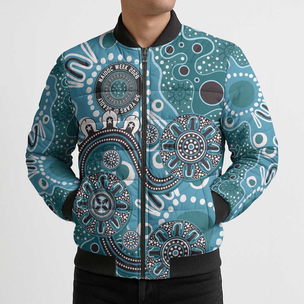 Personalised NAIDOC Week 50 Years Deadly Always Bomber Puffer Jacket Teal Aboriginal Artwork Dot Painting