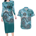 Personalised NAIDOC Week 50 Years Deadly Always Couples Matching Long Sleeve Bodycon Dress and Hawaiian Shirt Teal Aboriginal Artwork Dot Painting