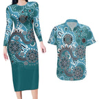 Personalised NAIDOC Week 50 Years Deadly Always Couples Matching Long Sleeve Bodycon Dress and Hawaiian Shirt Teal Aboriginal Artwork Dot Painting