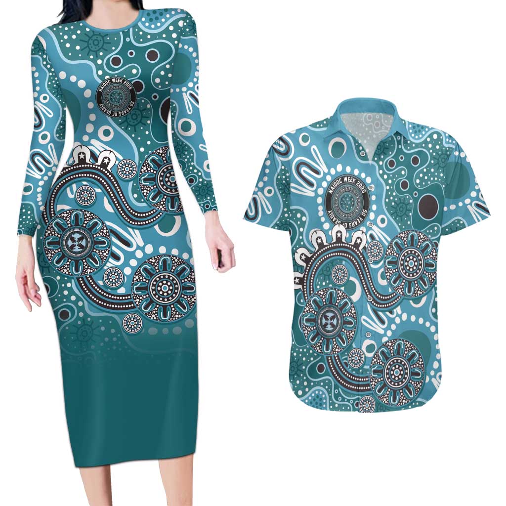 Personalised NAIDOC Week 50 Years Deadly Always Couples Matching Long Sleeve Bodycon Dress and Hawaiian Shirt Teal Aboriginal Artwork Dot Painting