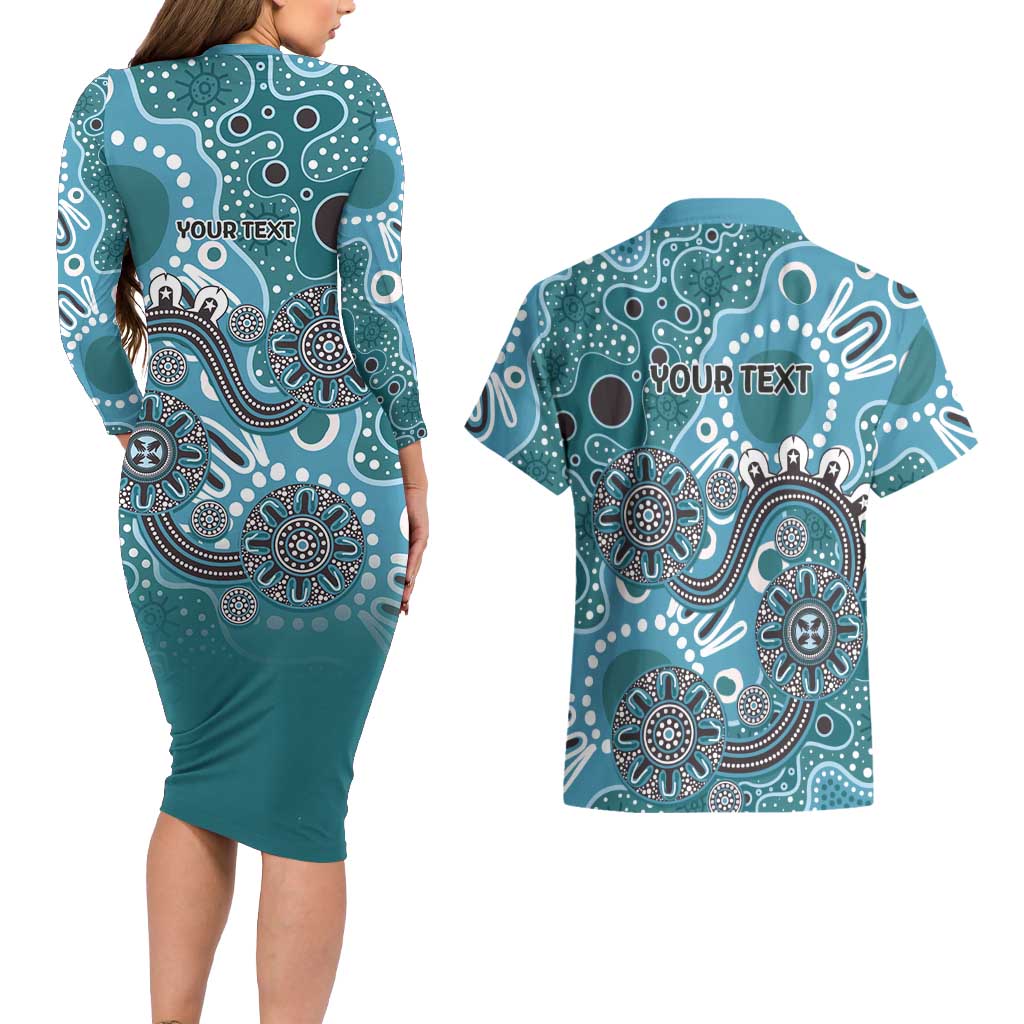 Personalised NAIDOC Week 50 Years Deadly Always Couples Matching Long Sleeve Bodycon Dress and Hawaiian Shirt Teal Aboriginal Artwork Dot Painting