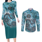 Personalised NAIDOC Week 50 Years Deadly Always Couples Matching Long Sleeve Bodycon Dress and Long Sleeve Button Shirt Teal Aboriginal Artwork Dot Painting