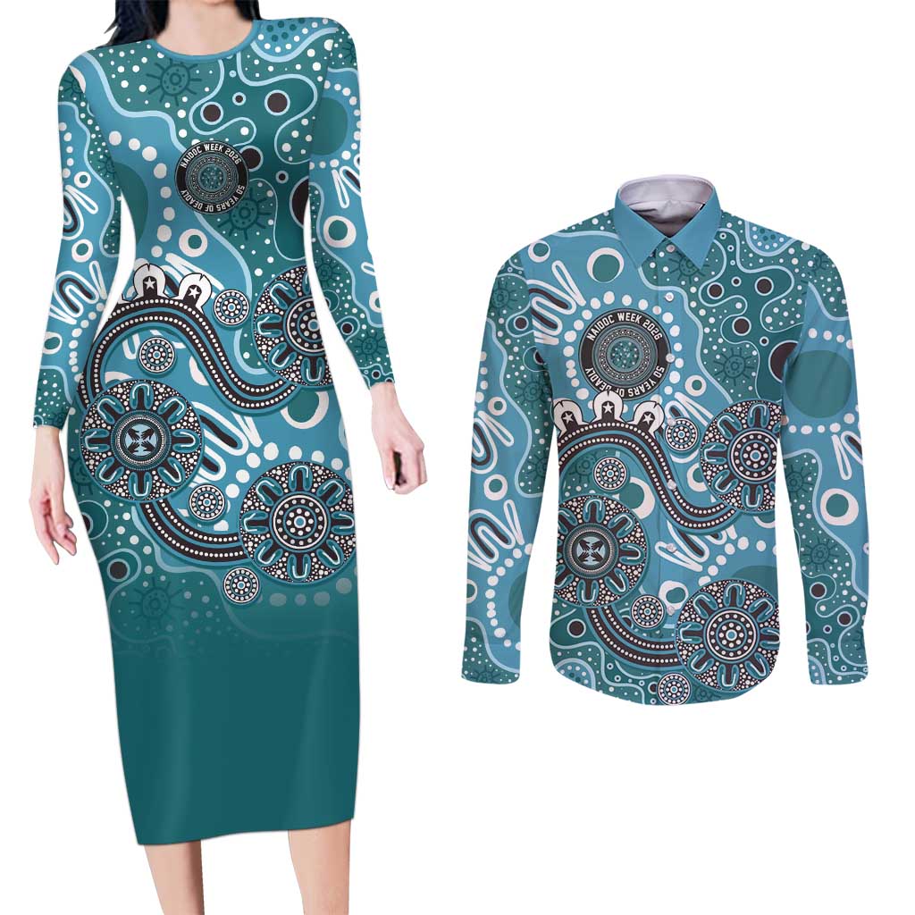 Personalised NAIDOC Week 50 Years Deadly Always Couples Matching Long Sleeve Bodycon Dress and Long Sleeve Button Shirt Teal Aboriginal Artwork Dot Painting