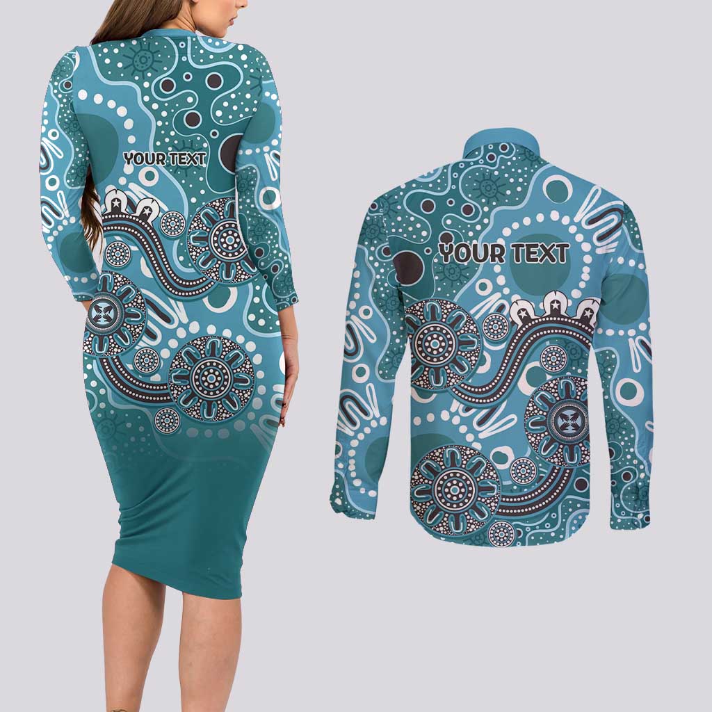 Personalised NAIDOC Week 50 Years Deadly Always Couples Matching Long Sleeve Bodycon Dress and Long Sleeve Button Shirt Teal Aboriginal Artwork Dot Painting