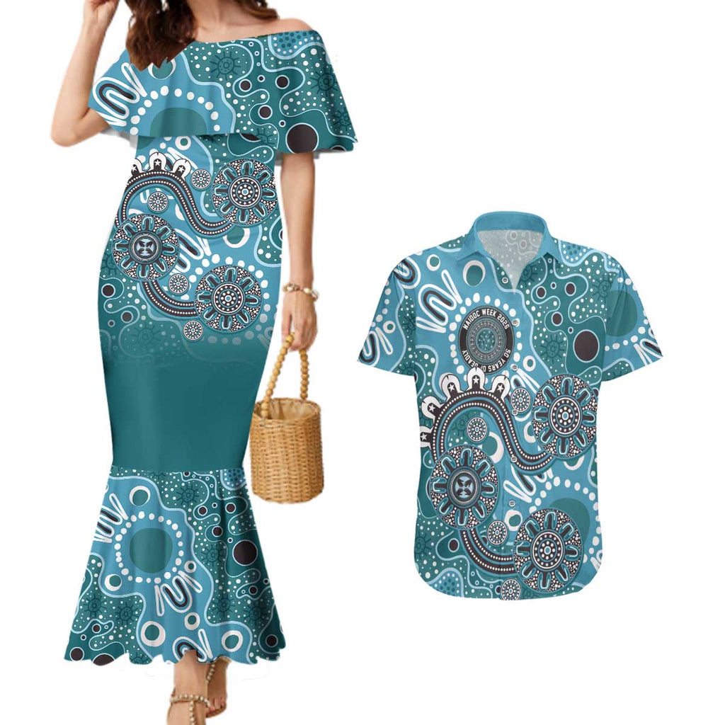 Personalised NAIDOC Week 50 Years Deadly Always Couples Matching Mermaid Dress and Hawaiian Shirt Teal Aboriginal Artwork Dot Painting