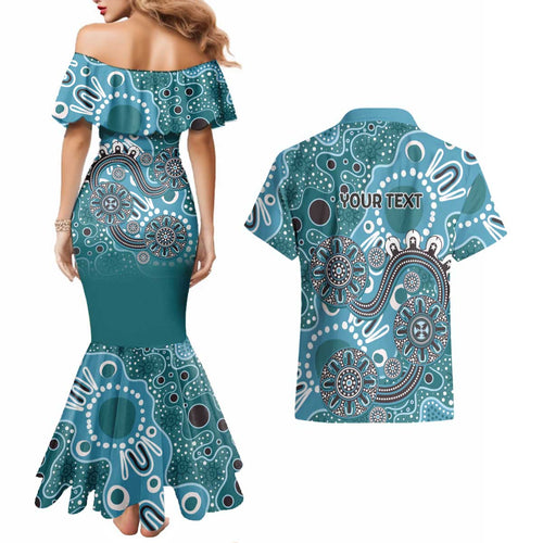 Personalised NAIDOC Week 50 Years Deadly Always Couples Matching Mermaid Dress and Hawaiian Shirt Teal Aboriginal Artwork Dot Painting