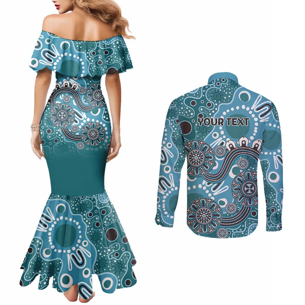Personalised NAIDOC Week 50 Years Deadly Always Couples Matching Mermaid Dress and Long Sleeve Button Shirt Teal Aboriginal Artwork Dot Painting
