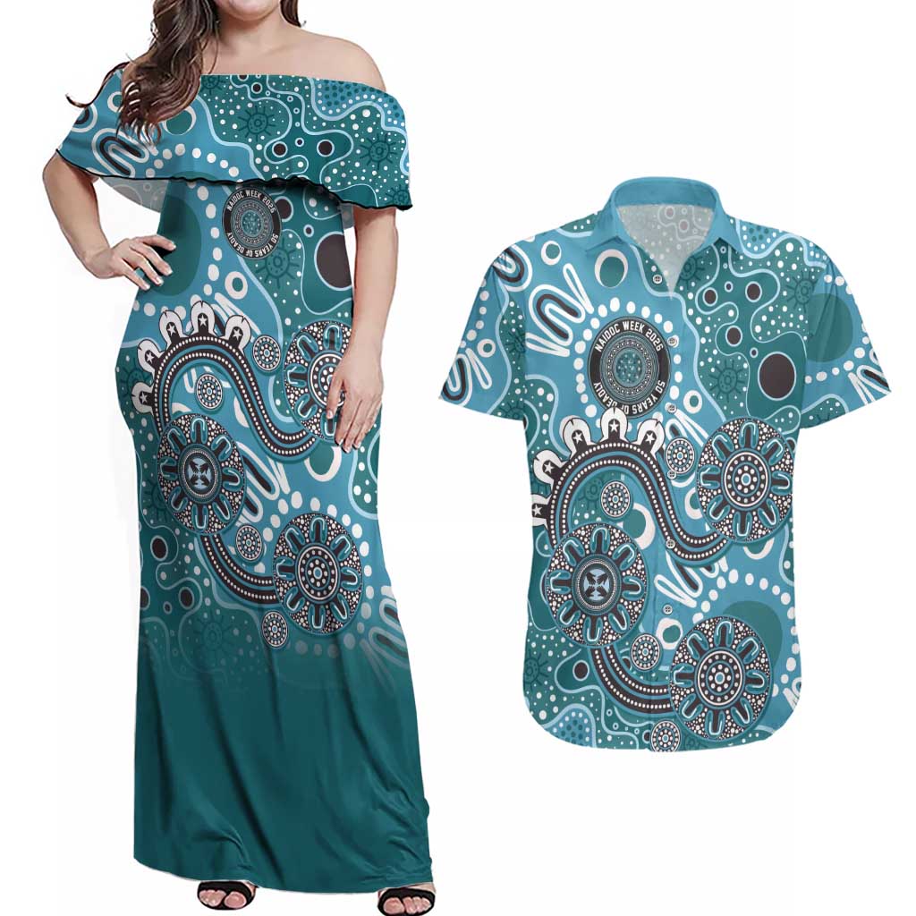 Personalised NAIDOC Week 50 Years Deadly Always Couples Matching Off Shoulder Maxi Dress and Hawaiian Shirt Teal Aboriginal Artwork Dot Painting