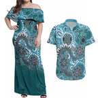 Personalised NAIDOC Week 50 Years Deadly Always Couples Matching Off Shoulder Maxi Dress and Hawaiian Shirt Teal Aboriginal Artwork Dot Painting
