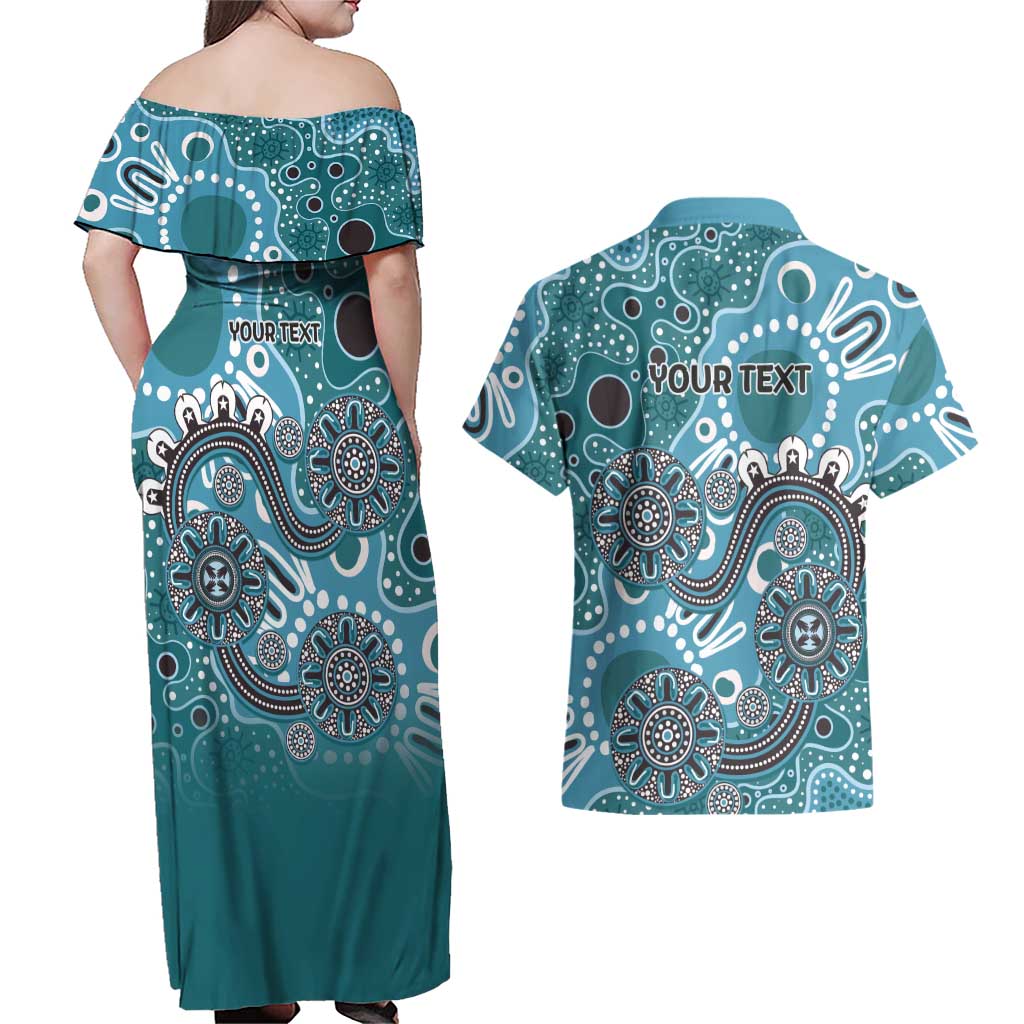 Personalised NAIDOC Week 50 Years Deadly Always Couples Matching Off Shoulder Maxi Dress and Hawaiian Shirt Teal Aboriginal Artwork Dot Painting