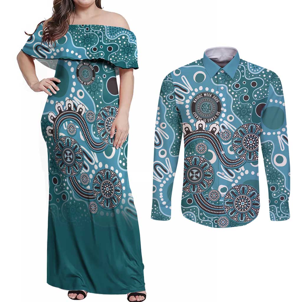 Personalised NAIDOC Week 50 Years Deadly Always Couples Matching Off Shoulder Maxi Dress and Long Sleeve Button Shirt Teal Aboriginal Artwork Dot Painting