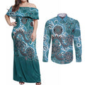 Personalised NAIDOC Week 50 Years Deadly Always Couples Matching Off Shoulder Maxi Dress and Long Sleeve Button Shirt Teal Aboriginal Artwork Dot Painting