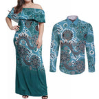 Personalised NAIDOC Week 50 Years Deadly Always Couples Matching Off Shoulder Maxi Dress and Long Sleeve Button Shirt Teal Aboriginal Artwork Dot Painting