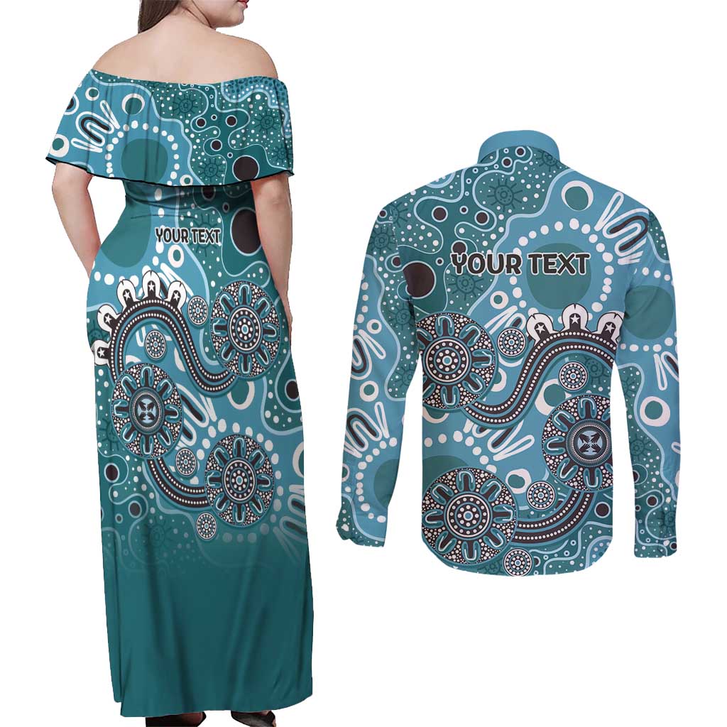 Personalised NAIDOC Week 50 Years Deadly Always Couples Matching Off Shoulder Maxi Dress and Long Sleeve Button Shirt Teal Aboriginal Artwork Dot Painting