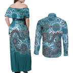 Personalised NAIDOC Week 50 Years Deadly Always Couples Matching Off Shoulder Maxi Dress and Long Sleeve Button Shirt Teal Aboriginal Artwork Dot Painting