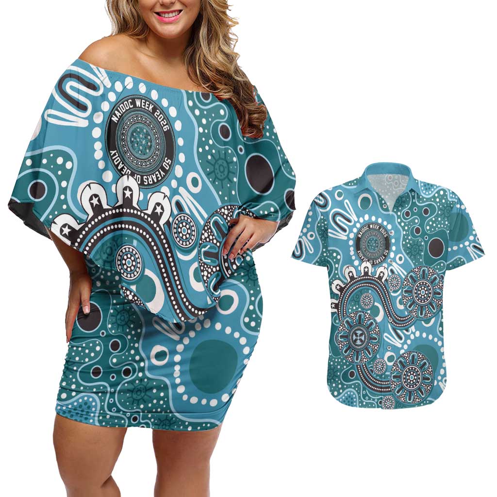 Personalised NAIDOC Week 50 Years Deadly Always Couples Matching Off Shoulder Short Dress and Hawaiian Shirt Teal Aboriginal Artwork Dot Painting