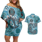 Personalised NAIDOC Week 50 Years Deadly Always Couples Matching Off Shoulder Short Dress and Hawaiian Shirt Teal Aboriginal Artwork Dot Painting