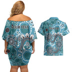 Personalised NAIDOC Week 50 Years Deadly Always Couples Matching Off Shoulder Short Dress and Hawaiian Shirt Teal Aboriginal Artwork Dot Painting
